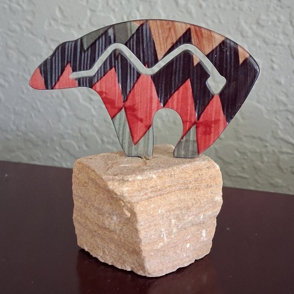 Southwestern Lazart Fetish Bear Figurine on Sandstone Mount